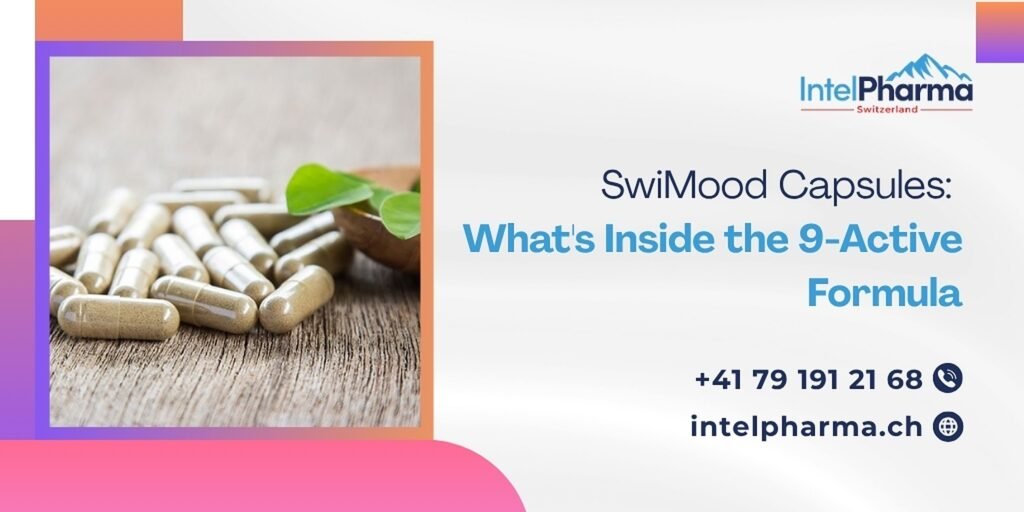 IntelPharma Switzerland banner for SwiMood capsules, showing capsules and green leaves on rustic wood